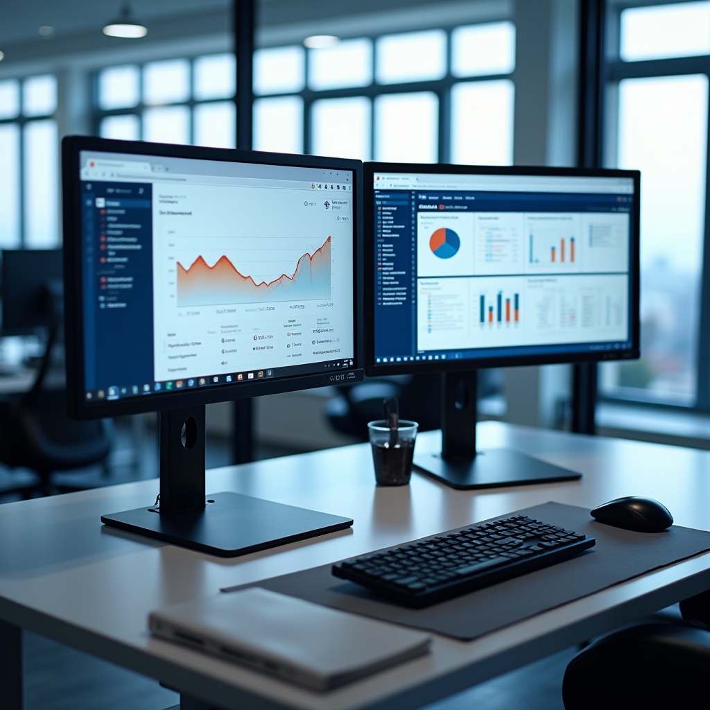 Spațiu de lucru cu două monitoare afișând date din Google Analytics