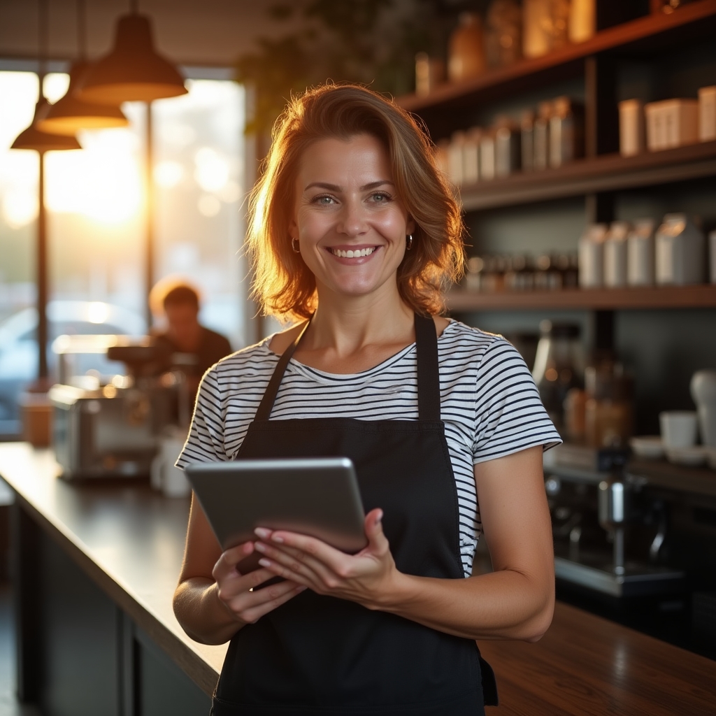 Proprietar de cafenea care verifică datele de trafic web pe tabletă