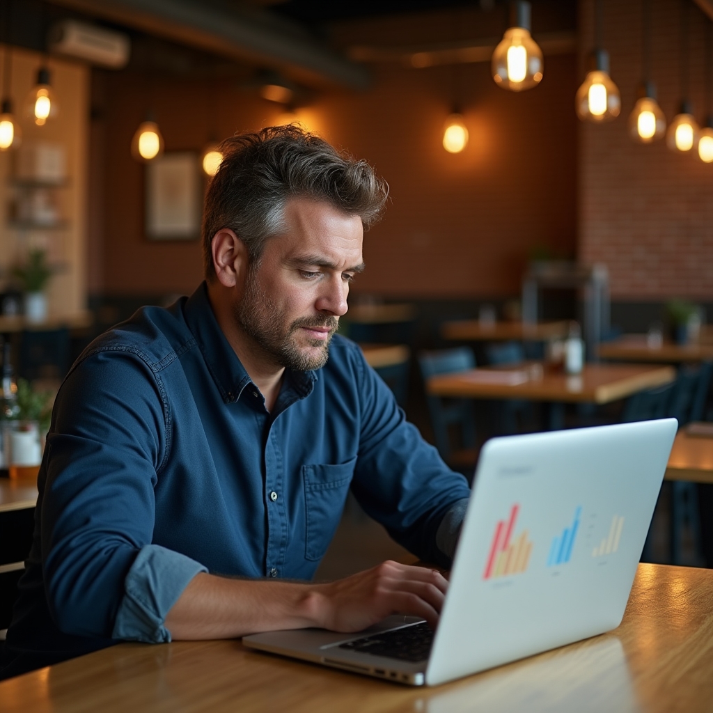 Proprietar de restaurant care analizează datele de trafic web pe laptop